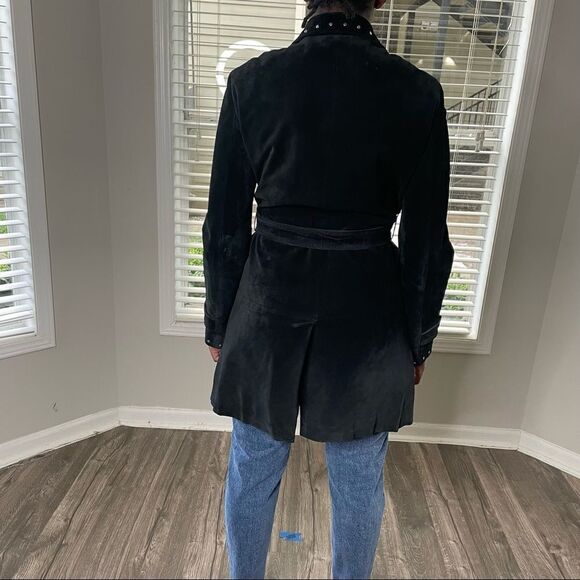 Express Vintage Suede Leather Studded Belted Trench Coat Jacket - Picture 6 of 10